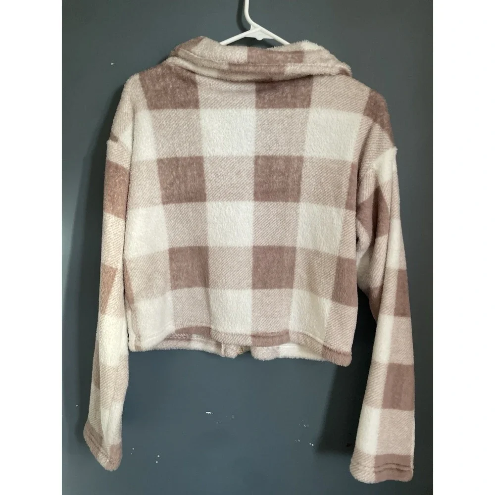 SHEIN Plaid Fuzzy Cropped Jacket Shirt Womens XS Brown White Button Up